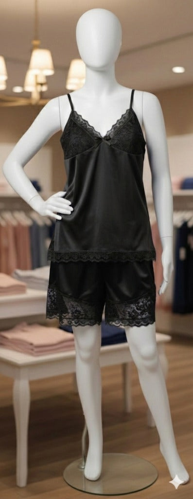 3-Piece Satin Cami, Short, and Robe (Black)