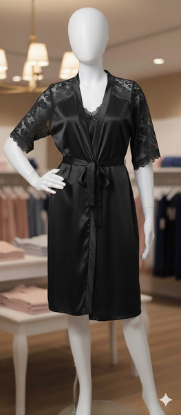 3-Piece Satin Cami, Short, and Robe (Black)