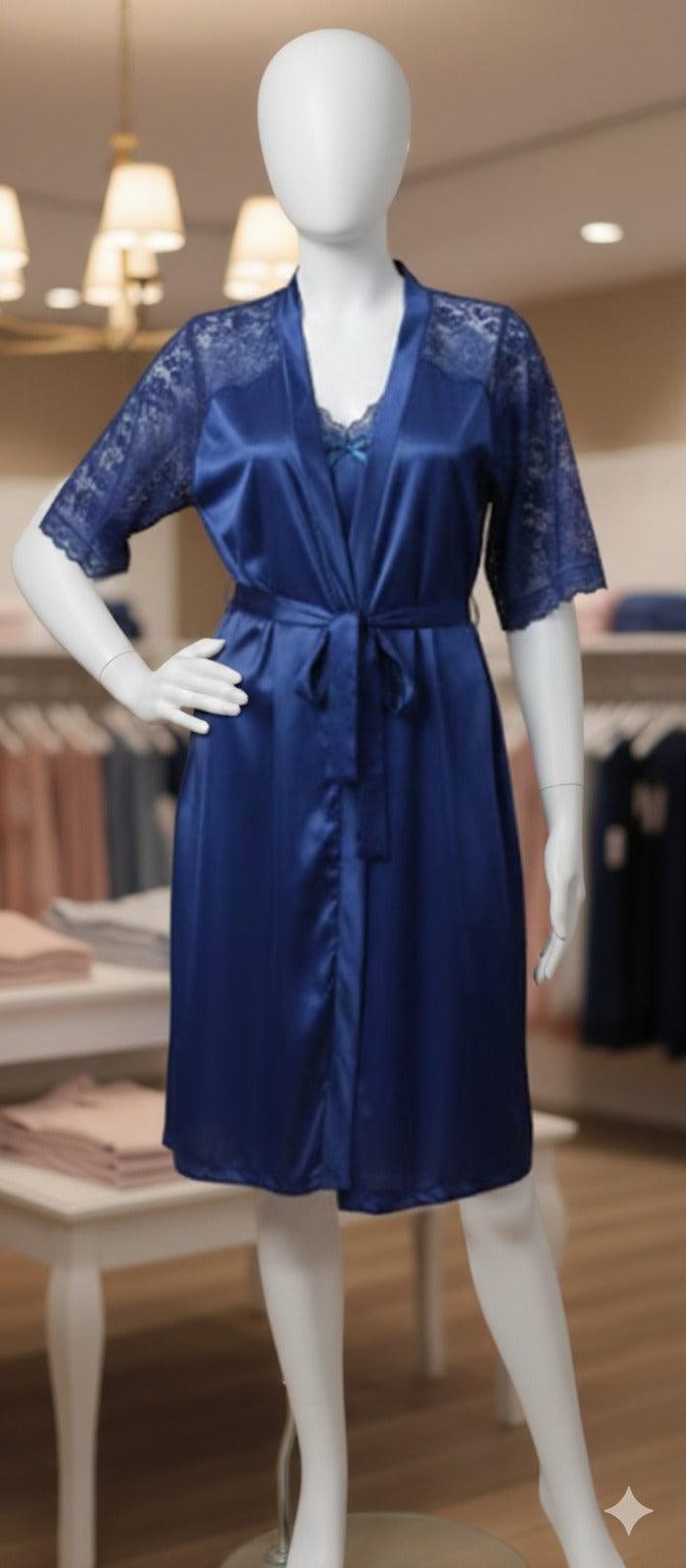 3-Piece Satin Cami, Short, and Robe (Blue)