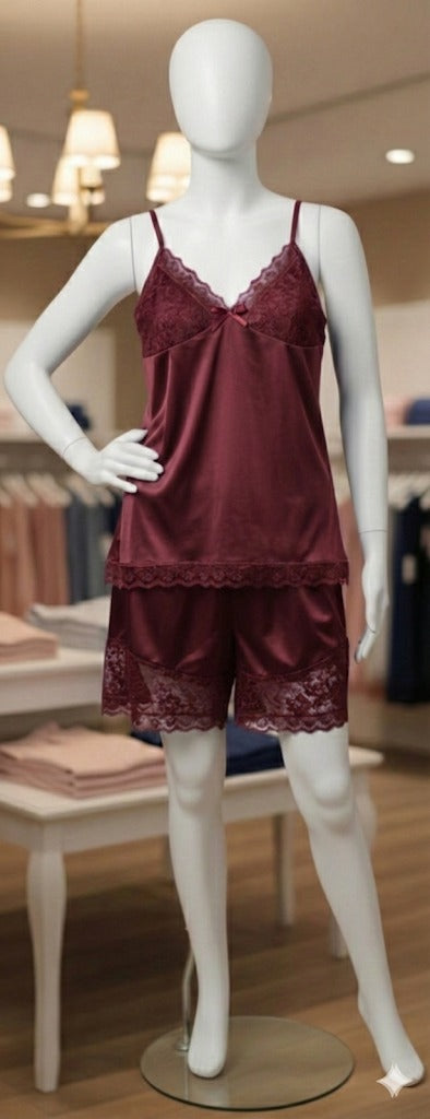 3-Piece Satin Cami, Short, and Robe (Maroon)