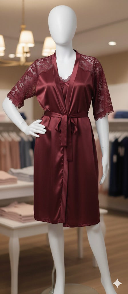 3-Piece Satin Cami, Short, and Robe (Maroon)