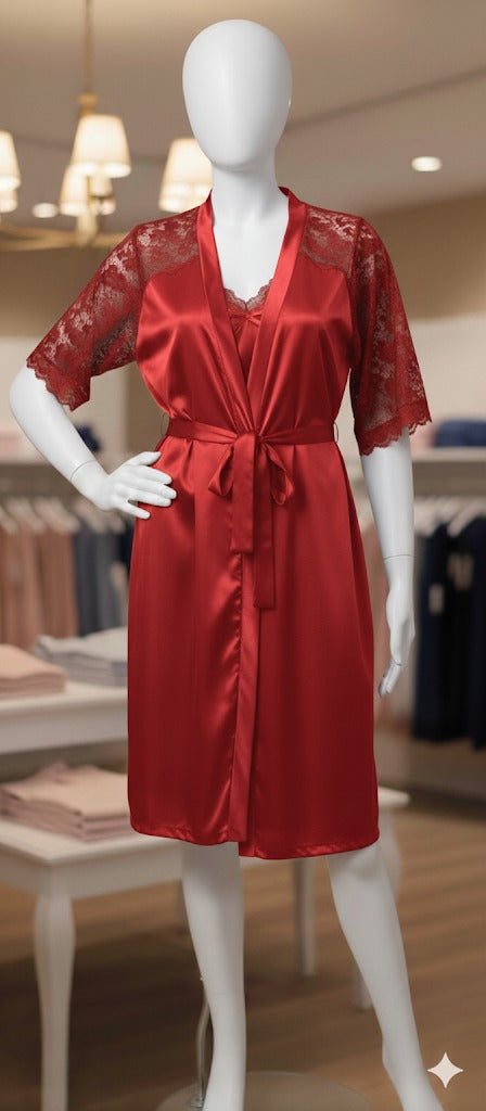 3-Piece Satin Cami, Short, and Robe (Red)