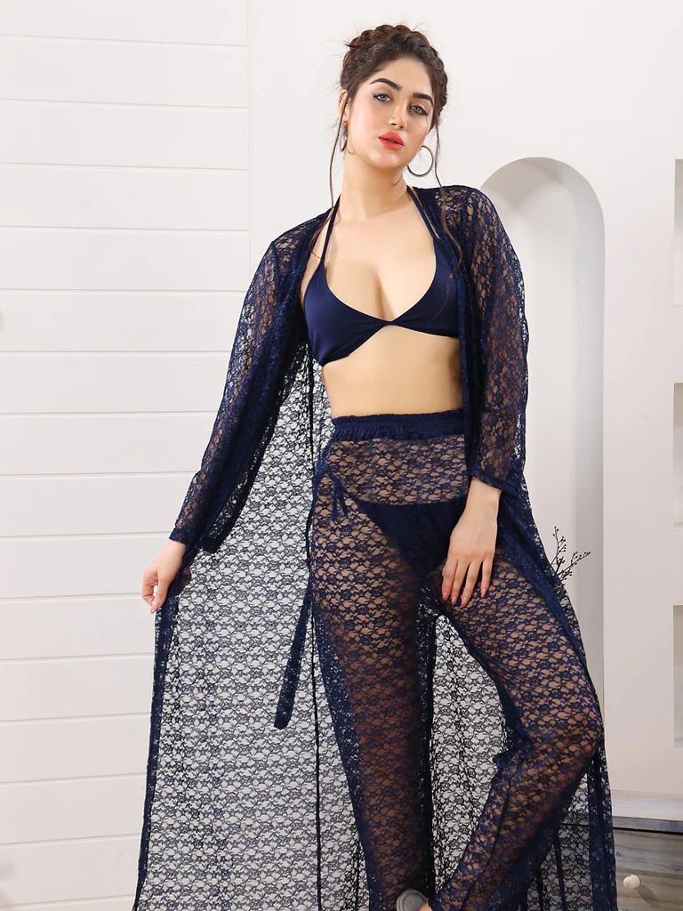 4-Piece Lace See-Through (Blue)