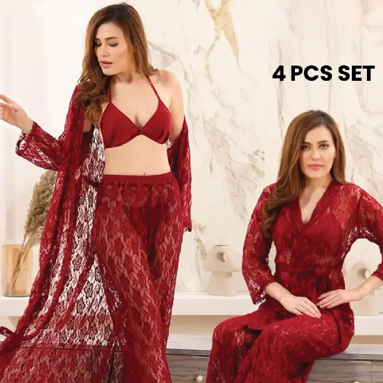 4-Piece Lace See-Through (Maroon)
