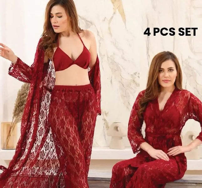 4-Piece Lace See-Through (Maroon)