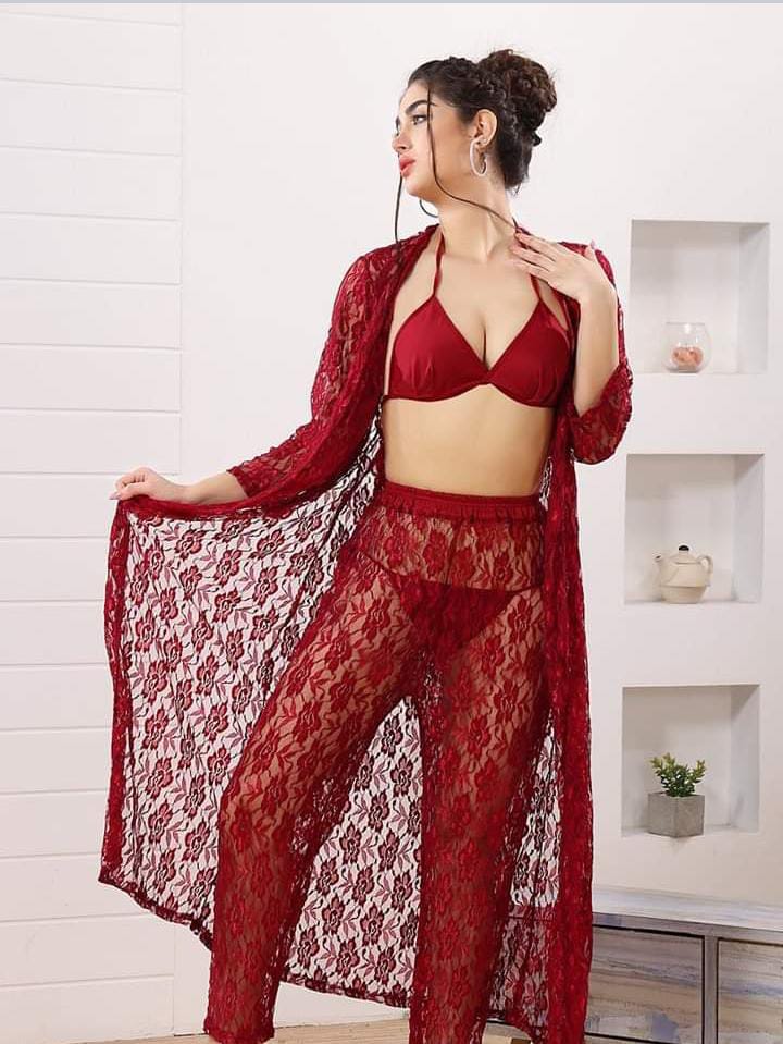 4-Piece Lace See-Through (Maroon)