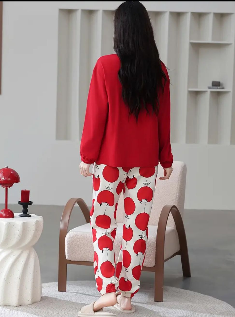 Red Hello Tuesday Print Full Sleeves Pjs