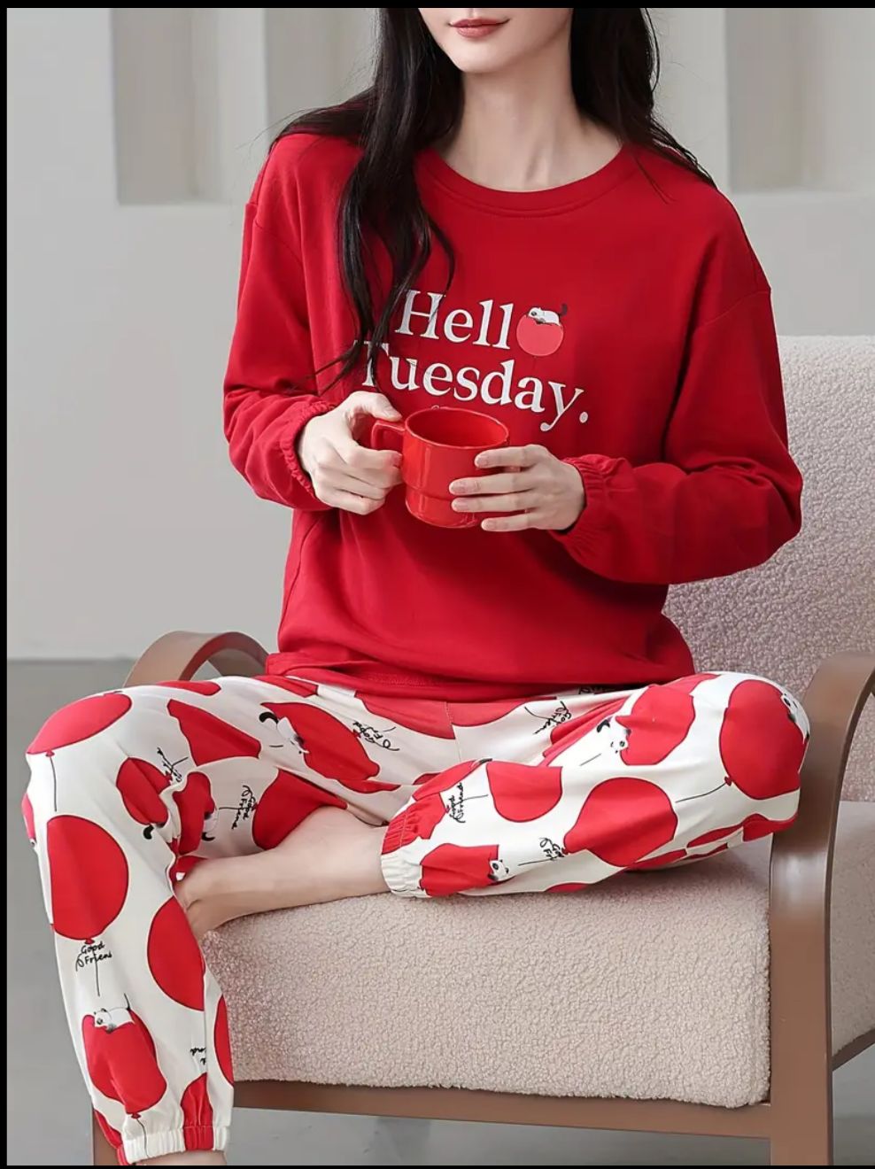 Red Hello Tuesday Print Full Sleeves Pjs