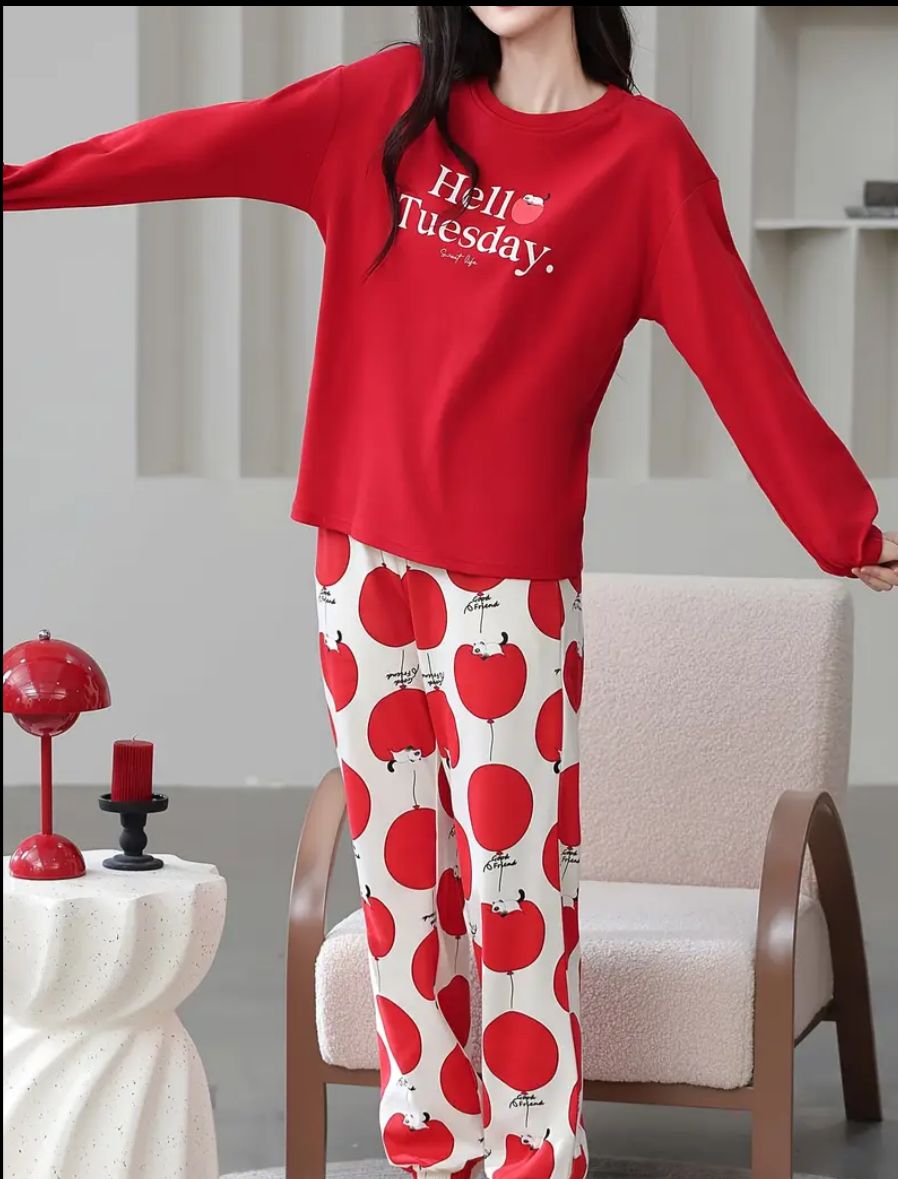 Red Hello Tuesday Print Full Sleeves Pjs