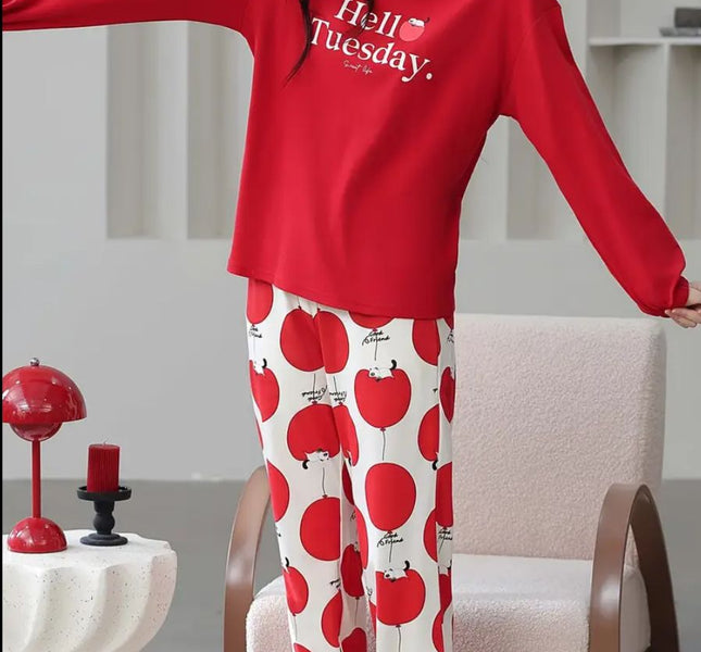 Red Hello Tuesday Print Full Sleeves Pjs