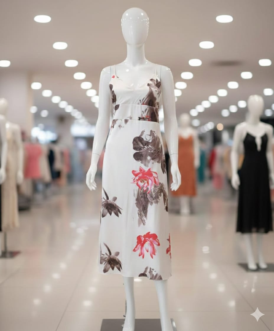 Ivory Bloom Satin Midi Slip Dress