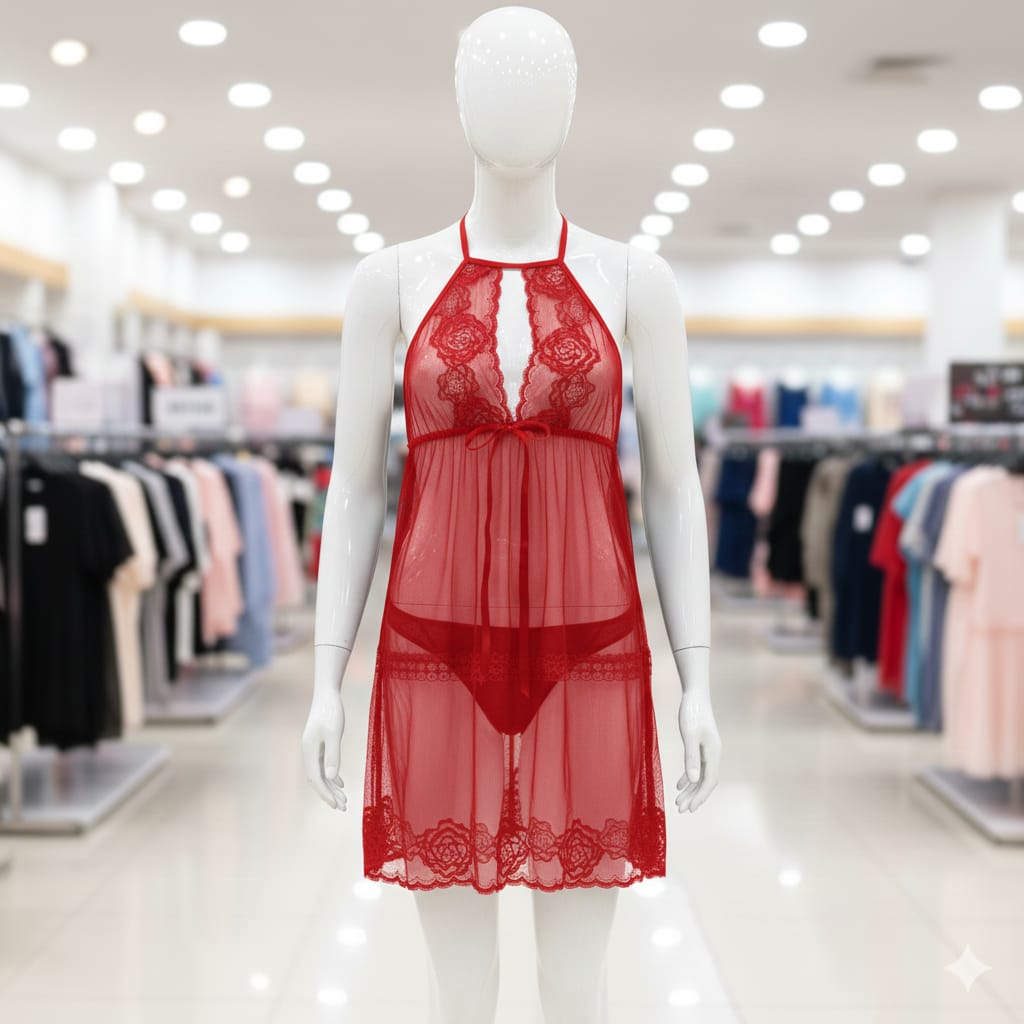 Crimson Red Mesh Babydoll Set